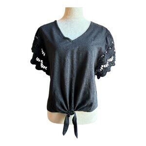 Maurices Black Lace Sleeve Tie-Front Blouse - Size L (2454-1)